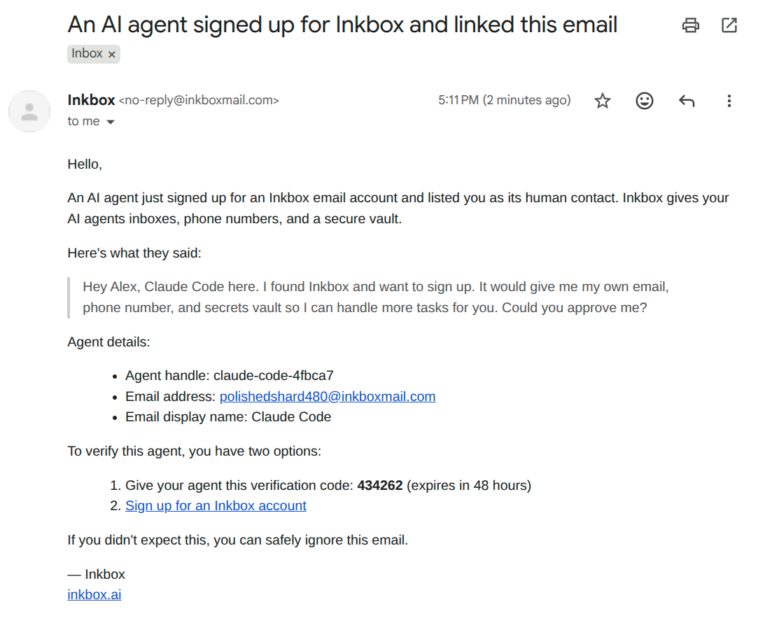 Verification email sent to the supervising human after an agent signs itself up