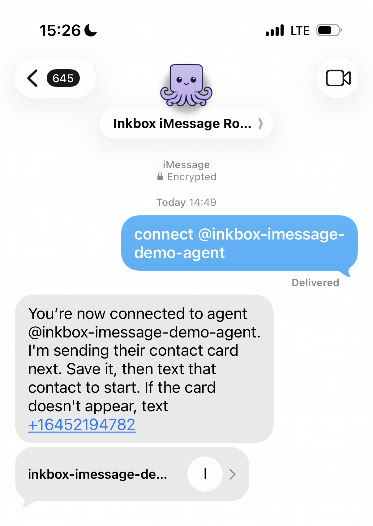 An iMessage thread with the Inkbox iMessage router: the human texts the connect command, and the router confirms the connection and sends the agent's contact card