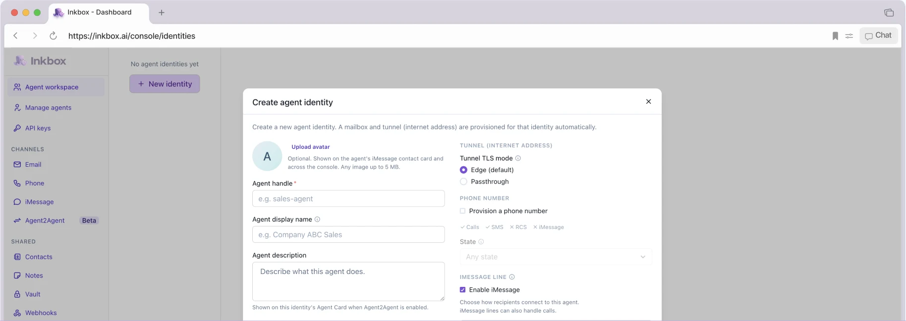 The Inkbox console showing the create agent identity dialog